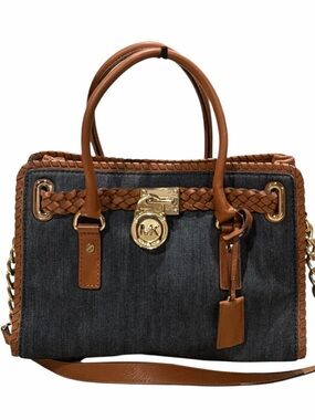 Michael Kors Hamilton Whipped Stitched Denim Shoulder Tote Bag Blue Tan Gold